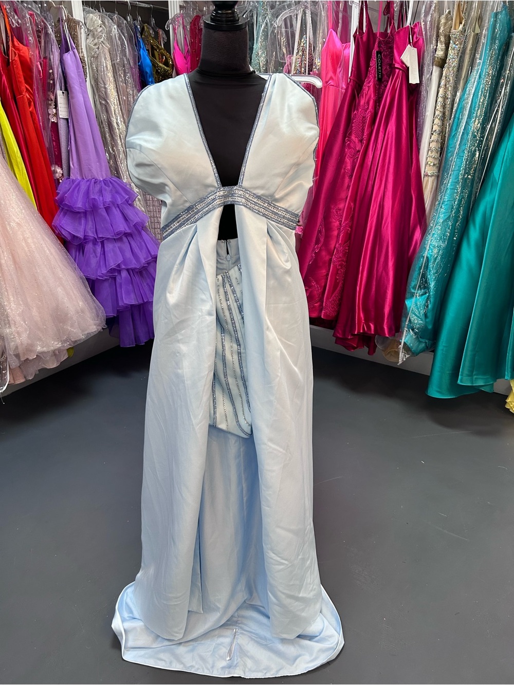 Rachel Allan Pale Blue Prom Gown with Beaded Waist